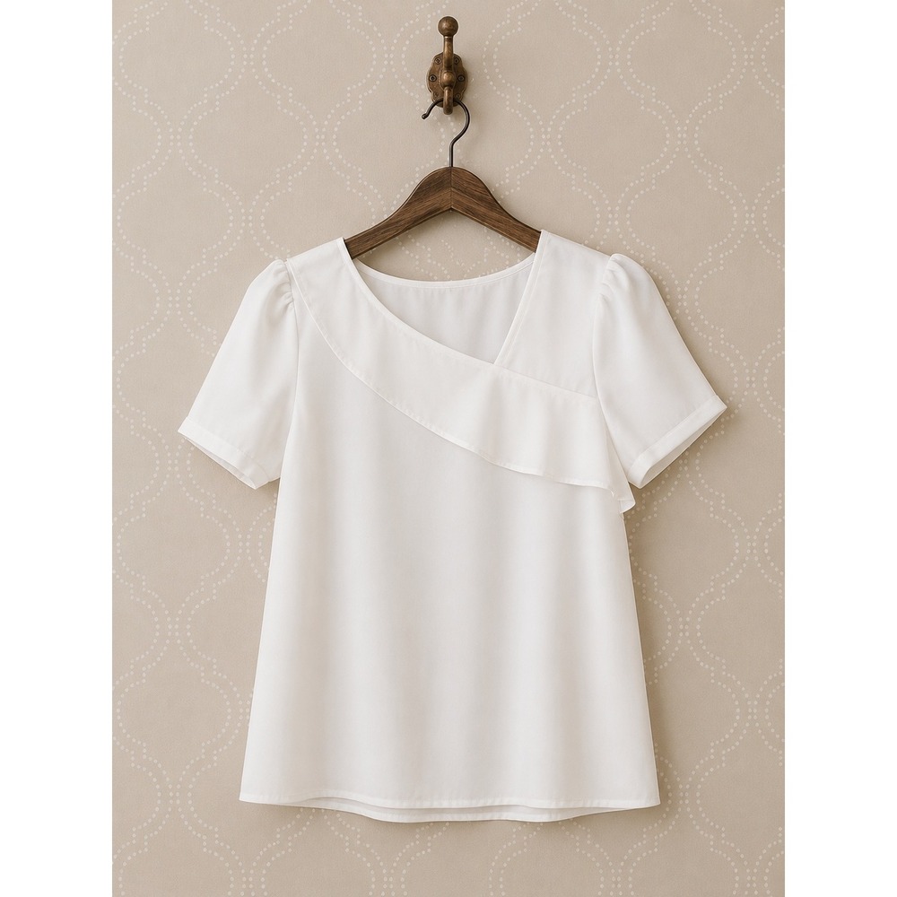 SHEIN Blouse Asymmetrical Ruffle Short Sleeve White Top Size 6 M NWOT